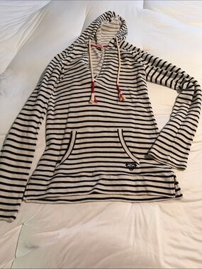 Roxy Cream and Black Striped Hooded Sweater with Rope Drawcord